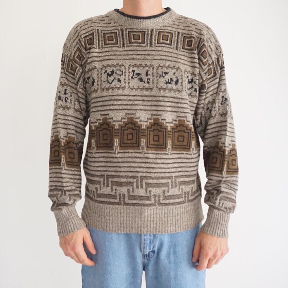 Vintage Hawk Creek Sweater Tan Brown Black Abstract Geometric 90s Coogi Style XL